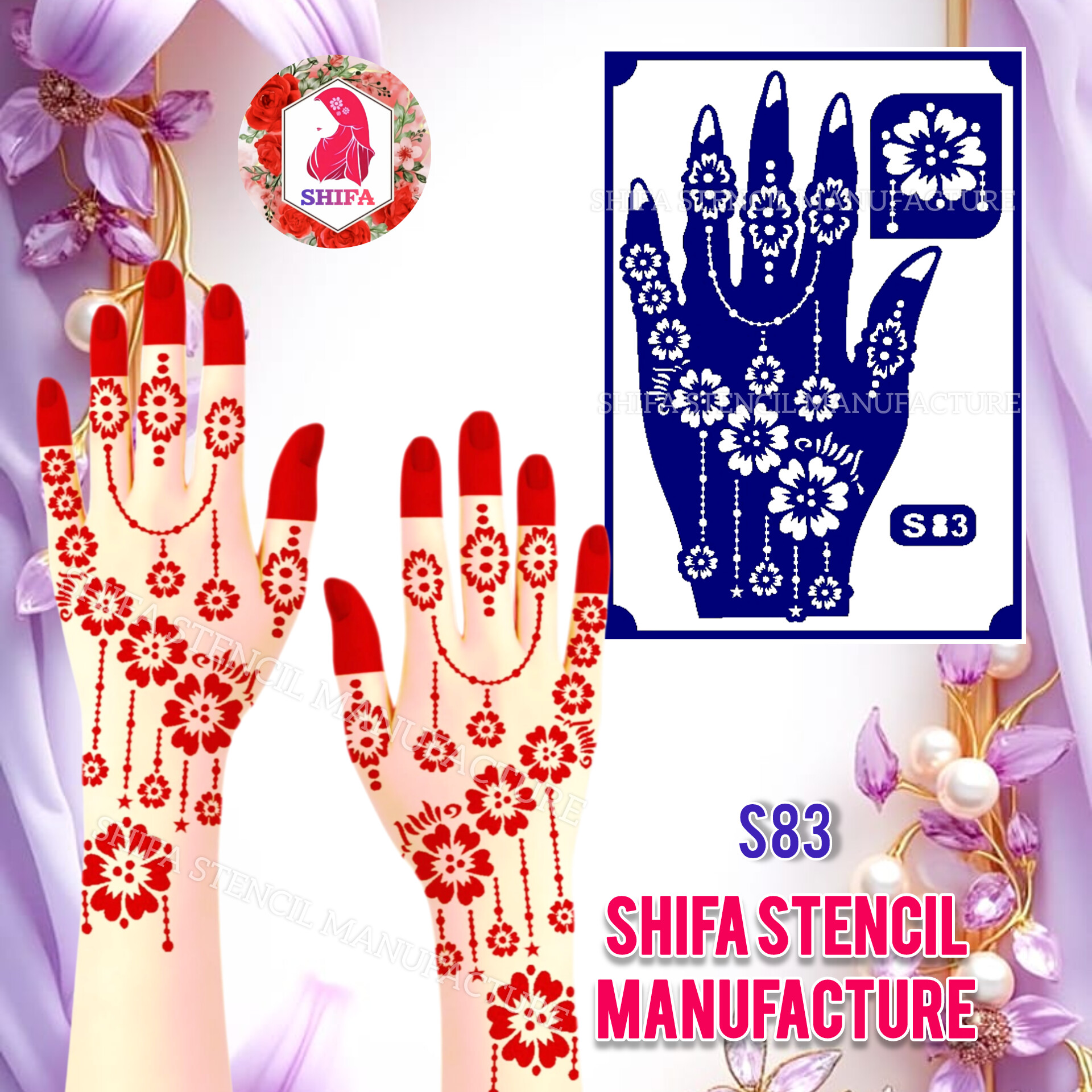 S 83 Hanging floral chain Design Sticker Overview  Henna Stencil - Shifa Stencil